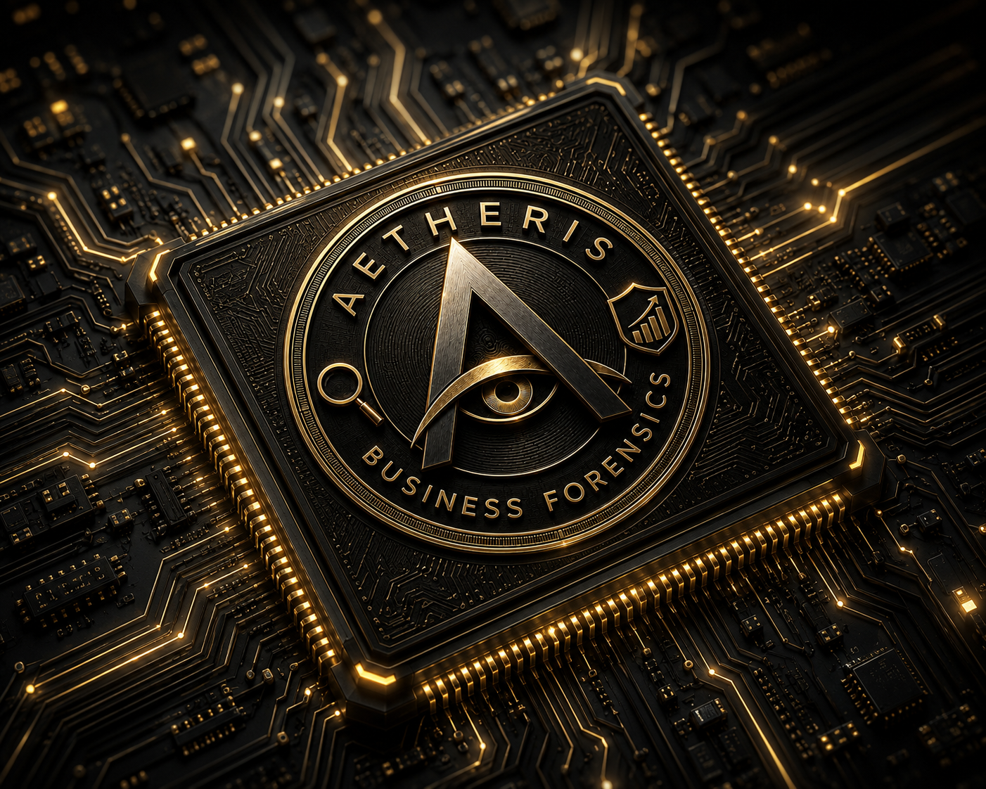 Aetheris Persona Chip die: a black-and-gold circuit seal surrounded by glowing traces